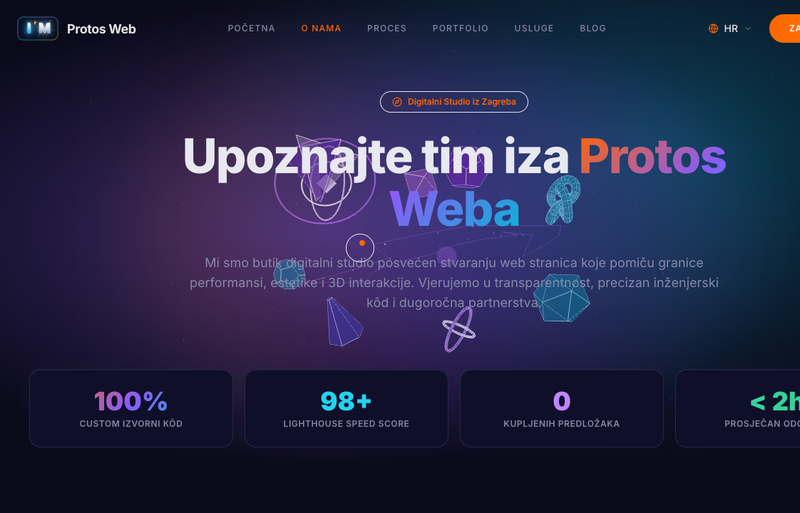 Protos Web — web studio iz Zagreba, naslovna stranica sa 3D WebGL scenama